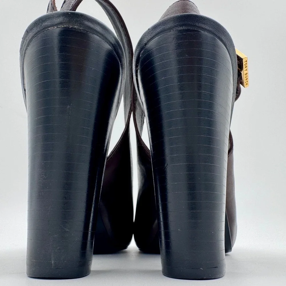 Tory Burch Dark Brown Leather Peep Toe 8M Slingback Block Heel Pumps